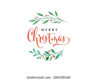 Merry Christmas background. Vector watercolor lettering design with elegant wreath illustration