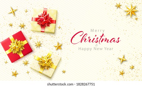 Merry Christmas Background. Vector Xmas design banner with realistic gifts box, golden stars and glitter gold confetti. Horizontal christmas poster, greeting card template