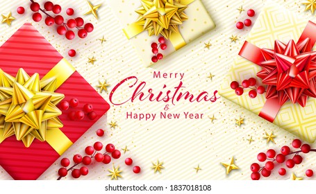 Merry Christmas Background. Vector Xmas design banner with realistic gifts box, golden stars and glitter gold confetti. Horizontal christmas poster, greeting card template