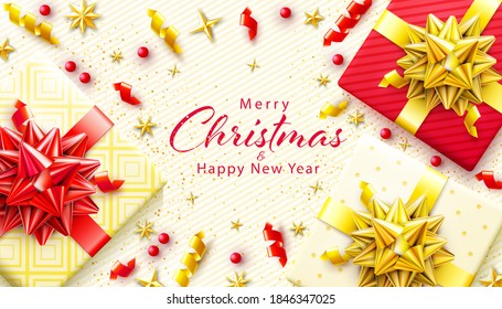 Merry Christmas Background. Vector Xmas design banner with realistic gifts box, golden stars and glitter gold confetti. Horizontal christmas poster, greeting card template