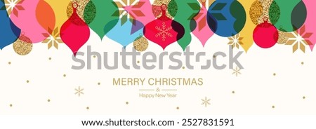 Merry Christmas background with vintage and gold decorations, snowflakes in simple flat design. Trendy minimalist geometric design for invitations, greeting cards, posters. Vector illustration