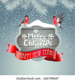 Merry Christmas background with a vintage wooden frame and a bullfinchs. Vector