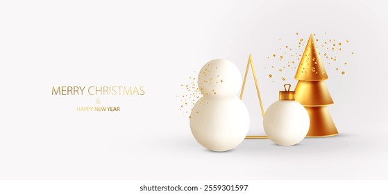 Merry Christmas background with white ball, snowman, gold trees, metallic decoration. Holiday card with confetti. Vector x-mas design.