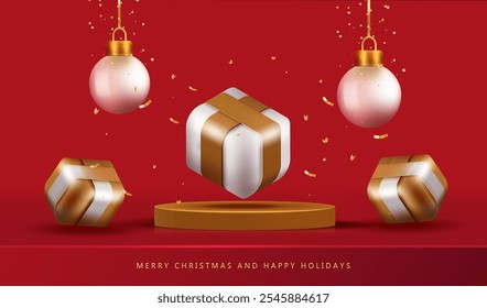 Fondo de Navidades alegres con bolas blancas y cajas de regalo en el podio de oro. Tarjeta roja de Festiva. Vector x-mas diseño.