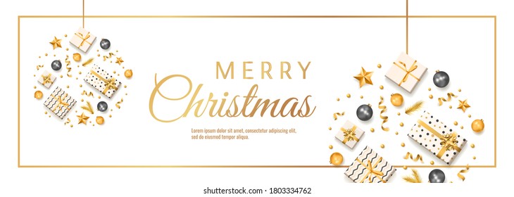 Merry Christmas background. White, black and golden collors. Gift boxes, Christmas balls, ribbons. Vector illustration for poster, banner, discount, card, special offer, invitation.