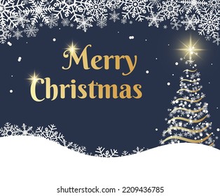 Merry Christmas background with white snowflakes and navy background. Xmas elegant design template for greeting card, poster, banner, invitation etc. Flat style winter holiday illustration.