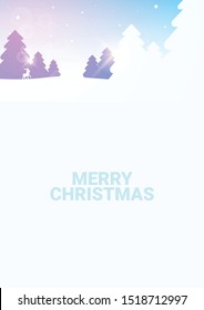 Merry Christmas background. Winter Forest Woodland Landscape with Pine and sunshine