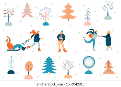 Merry Christmas background with winter outdoor leisure activities on white background, people ice skating, sledding, man with gifts. Flat vector illustration.