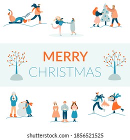 Merry Christmas background with winter outdoor leisure activities on white background, people ice skating, decorating christmas tree, sledding, singing Christmas songs etc. Vector illustration.