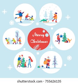 Merry Christmas background with winter outdoor leisure activities, people making a snowman, playing in snow, shopping, decorating christmass tree, ice skating, etc. Flat vector illustration.