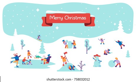 Merry Christmas background with winter outdoor leisure activities, people making a snowman, playing in snow, shopping, decorating christmas tree, ice skating, etc. Flat vector illustration.