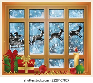 Fröhlicher Weihnachtshintergrund, Winterfenster mit Weihnachtskerze, Geschenke und Weihnachtsmann, Vektorgrafik