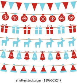 Merry Christmas background with xmas bunting flags, balls, gift boxes, reindeers, bells, santa hat. Bright Christmas garlands. Winter holiday design. Vector illustration.