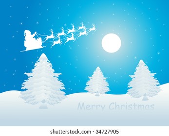merry christmas background with xmas tree, moon and reindeer illustration
