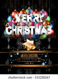 Merry Christmas Background for your seasonal invitations and new year flyers with colorful baubles and a lot of xmas design elements.