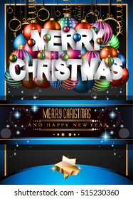 Merry Christmas Background for your seasonal invitations and new year flyers with colorful baubles and a lot of xmas design elements.