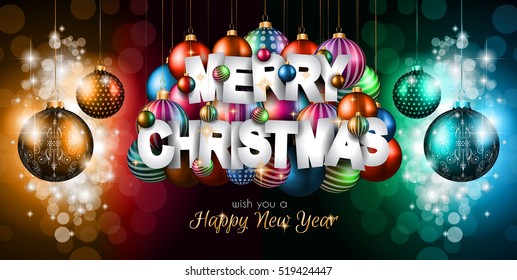 Merry Christmas Background for your seasonal invitations and new year flyers with colorful baubles and a lot of xmas design elements.