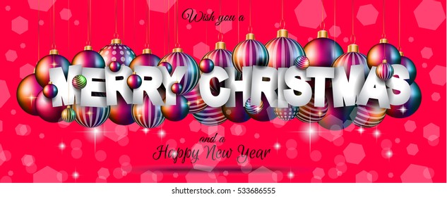 Merry Christmas Background for your seasonal invitations and new year flyers with colorful baubles and a lot of xmas design elements.