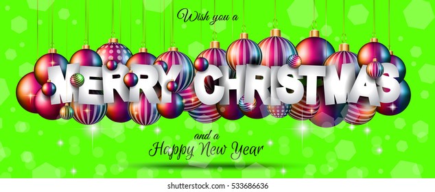 Merry Christmas Background for your seasonal invitations and new year flyers with colorful baubles and a lot of xmas design elements.