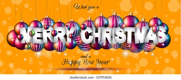 Merry Christmas Background for your seasonal invitations and new year flyers with colorful baubles and a lot of xmas design elements.