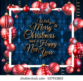 Merry Christmas Background for your seasonal invitations and new year flyers with colorful baubles and a lot of xmas design elements.