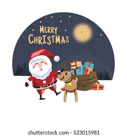 Merry Christmas background,Santa Claus and reindeer  with a bag full of presents