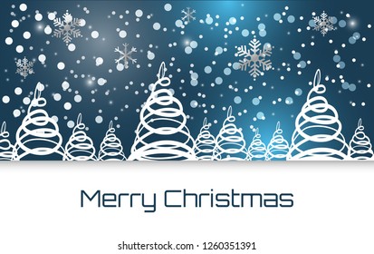 Merry Christmas background.Winter holiday background with snowflakes and trees silhouette.