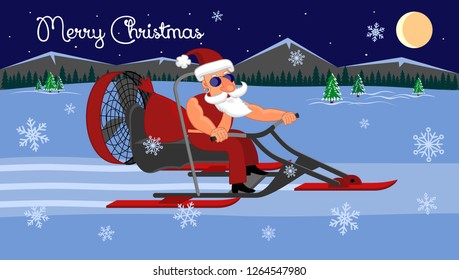Merry Christmas. Bad Santa Claus on a snowmobile rides with gifts on a snowy road