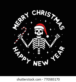 Merry Christmas Badge Logo Skeleton Santa Claus Black Background