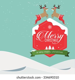 Merry Christmas Badge And Reindeer Jumping In Flat Design With Winter Landscape. Vector Illustration.