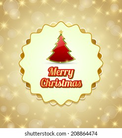 Merry Christmas badge with tree on glittering golden background