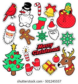 Merry Christmas Badges, Patches, Stickers - Santa Claus, Snowman, Snowflake, Fir Tree in Pop Art Comic Style. Vector illustration