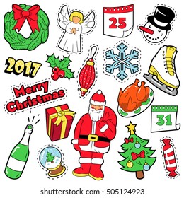 Merry Christmas Badges, Patches, Stickers - Santa Claus Fir Tree Gifts and Angel in Pop Art Comic Style. Vector illustration