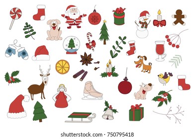 Merry Christmas Badges, Patches, Stickers. A set of Christmas stickers. Hand drawn vector illustration on a white background.