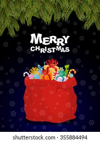 Merry Christmas. Bag Full Of Gifts. Xmas Night  And Santa Red Sack With Childrens Gift. FIR Branches And Lot Of Toys. Box And  Robot.  