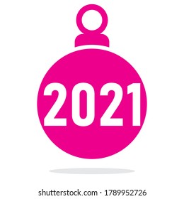 Merry Christmas ball with 2021 sign. Decorative winter background design element. New Year card decor. Isolated, pink, flat, vector art .