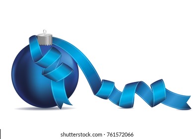 Merry Christmas ball with blue ribbon. Banner with copy space. Vector. Greeting card For a holiday or a party.