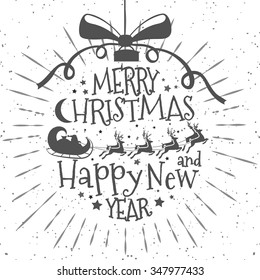 Merry Christmas ball with bow on snow background. Santa Claus driving in a sleigh and deers. Happy New Year. Vector Illustration