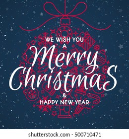 Merry Christmas ball consisting of line icons and sign We wish you a Merry Christmas and Happy New Year on star holiday background. Holiday decoration element. Vector Illustration