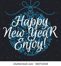 Merry Christmas ball consisting of christmas line icons blue color and sign Happy New Year Enjoy on star holiday background. Holiday decoration element. Vector Illustration