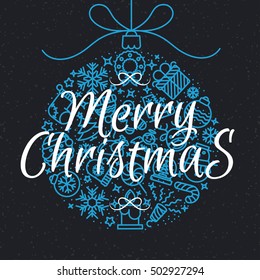 Merry Christmas ball consisting of line icons blue color and sign Merry Christmas on star holiday background. Happy New Year. Holiday decoration element. Vector Illustration