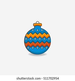 Merry Christmas ball decoration. Blue abstract bauble, isolated on white background. Bright decorative holiday design. Xmas symbol, Happy New Year celebration. Vector illustration logo.