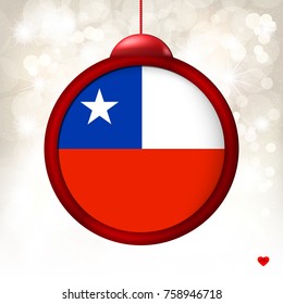 Merry Christmas Ball with Flag Chile on a light beige blur background. Vector illustration.