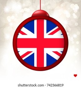 Merry Christmas Ball with Flag Great Britain on a light beige blur background. Vector illustration.