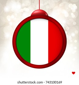 Merry Christmas Ball with Flag Italy on a light beige blur background. Vector illustration.