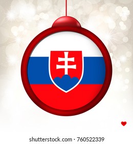 Merry Christmas Ball with Flag Slovakia on a light beige blur background. Vector illustration.