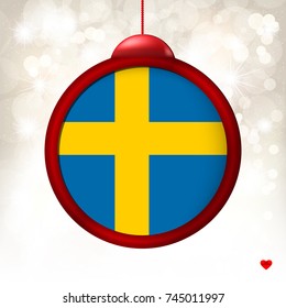 Merry Christmas Ball with Flag Sweden on a light beige blur background. Vector illustration.