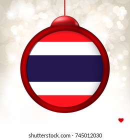 Merry Christmas Ball with Flag Thailand on a light beige blur background. Vector illustration.