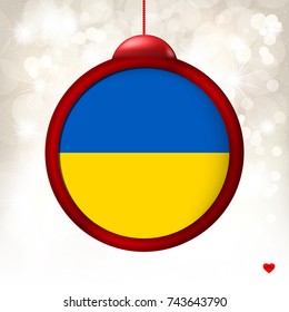 Merry Christmas Ball with Flag Ukraine on a light beige blur background. Vector illustration.