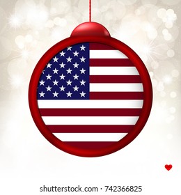 Merry Christmas Ball with Flag USA on a light beige blur background. Vector illustration.